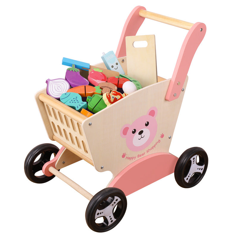 Wooden Bear Shopping Cart Toy – Pretend Play with Vegetables for Toddlers
