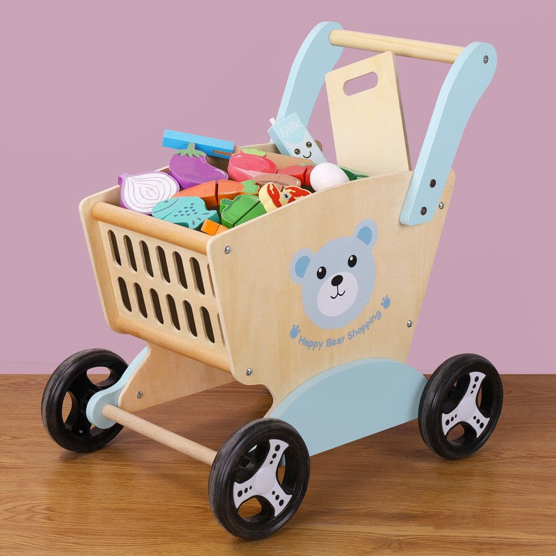 Wooden Bear Shopping Cart Toy – Pretend Play with Vegetables for Toddlers